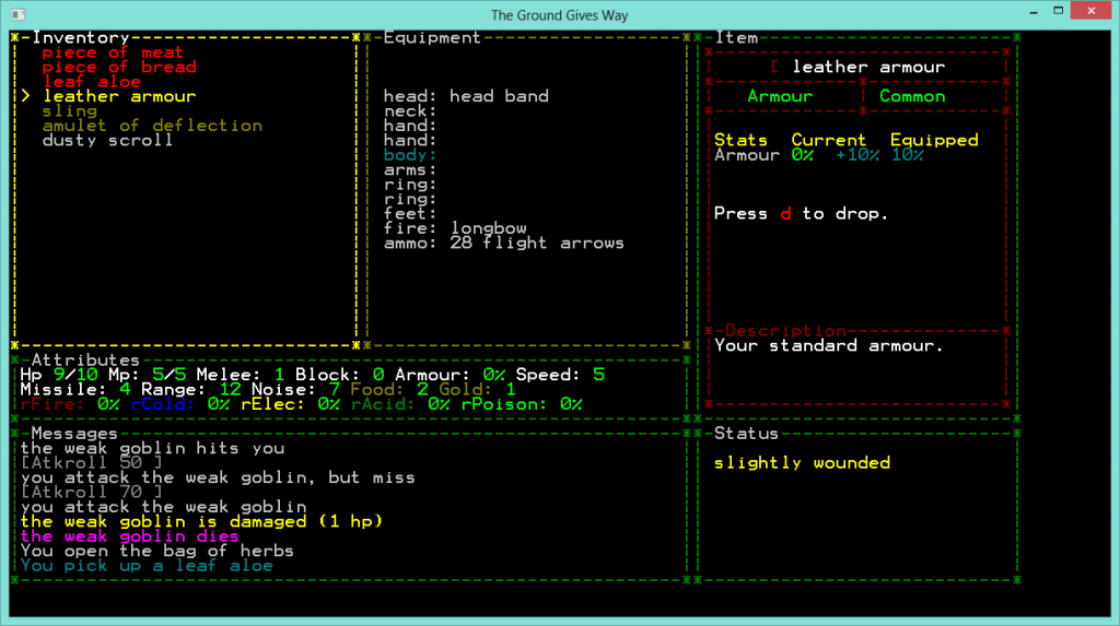 You can press space to equip the leather armour. The Item-window shows how your stats are affected by equipping it. The equipment window highlights the slot that is going to be equipped.