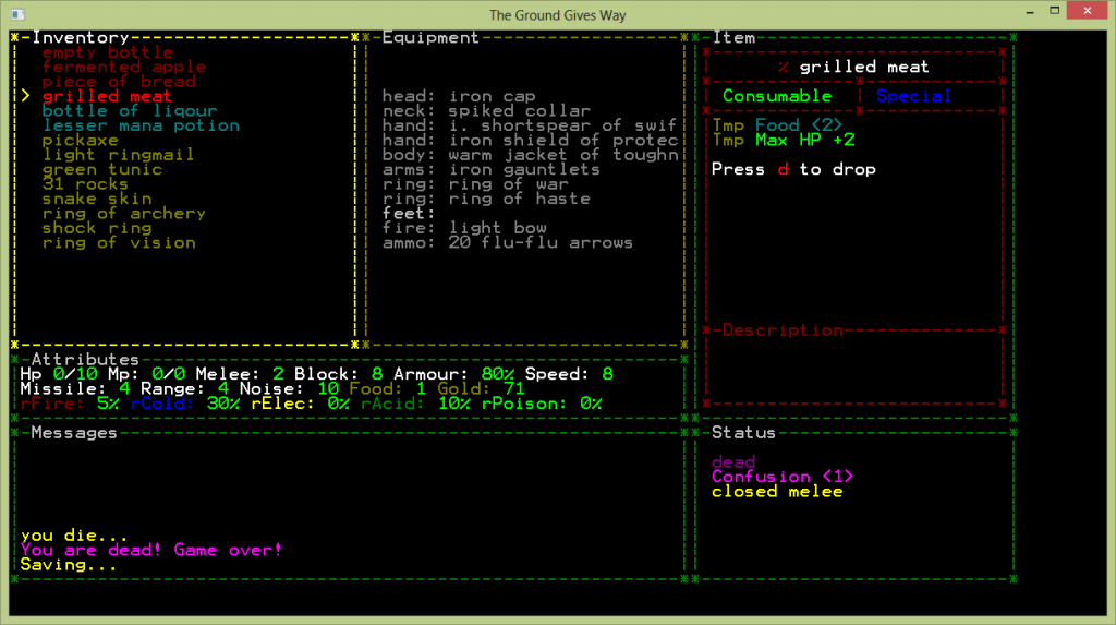 Inventory and equipment of a melee oriented character.