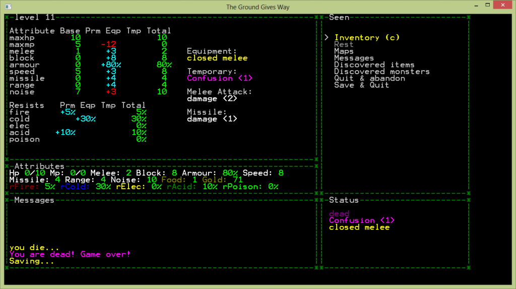 Final statistics of the dead character.